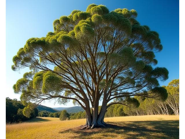 A majestic Eucalyptus tree with vibrant green foliage under a clear Australian sky, symbolizing the roots of Waratah Green.