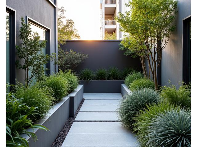 Compact urban garden featuring native Australian plants and a modern design